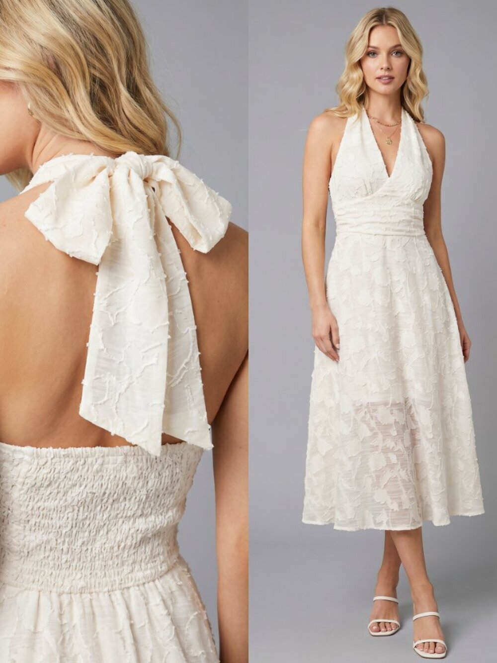 Women’s White Jacquard Halter Midi Dress Elegant V Neck Backless Sundress